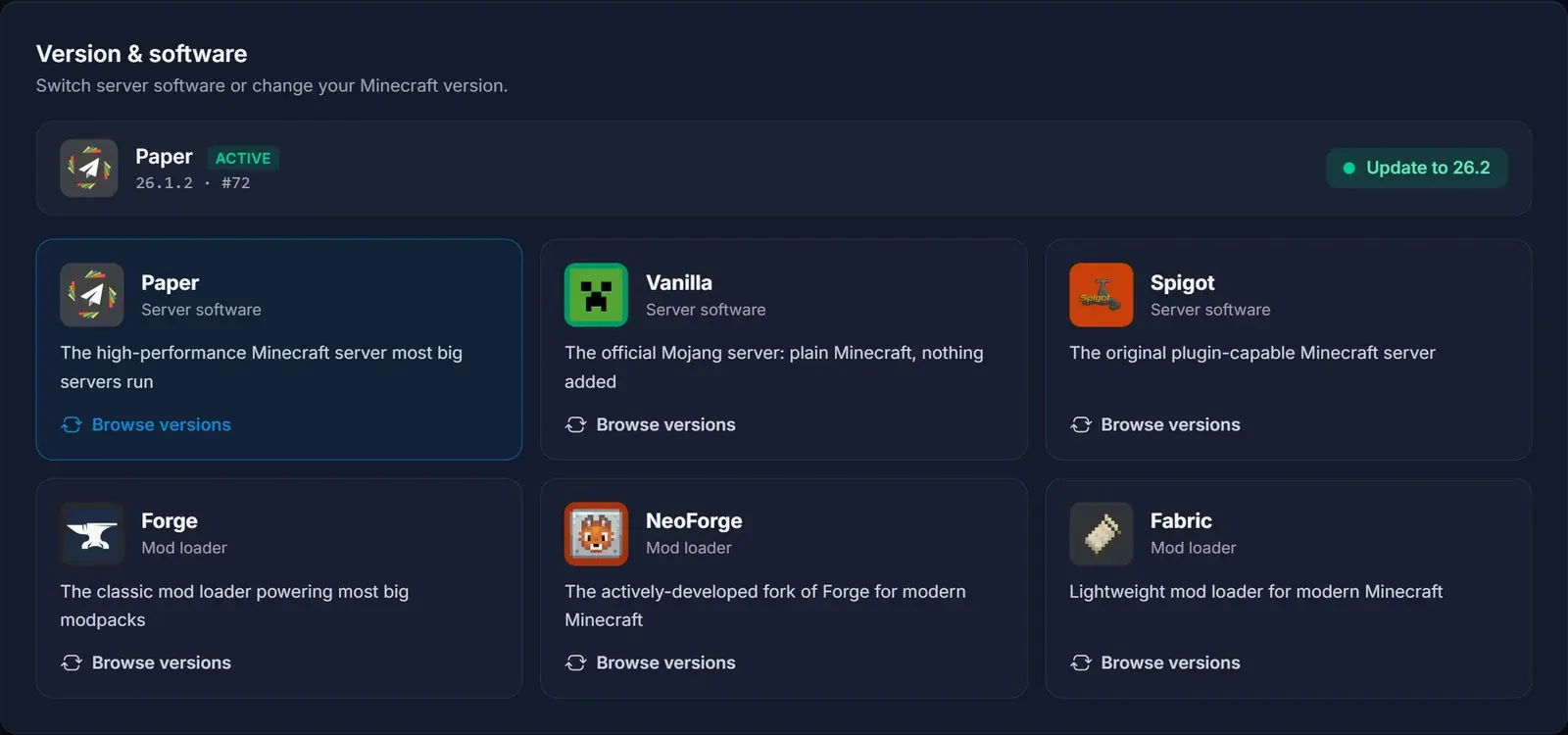 Versjonsbehandleren i DoomHosting-panelet som bytter serverprogramvare for Minecraft